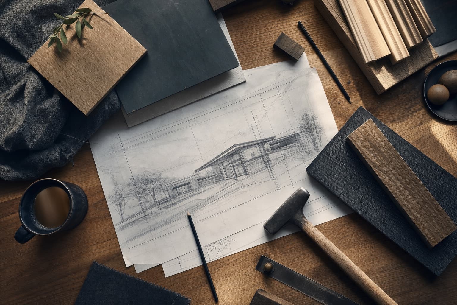 Workbench with drawings, wood samples, and hand tools