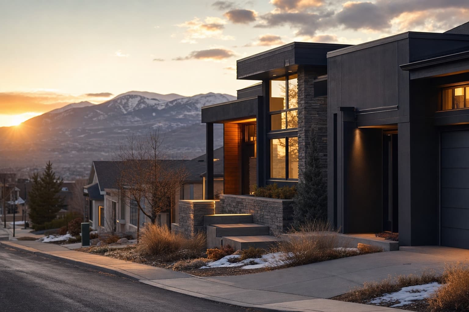 Denver residential street at golden hour with the Front Range behind