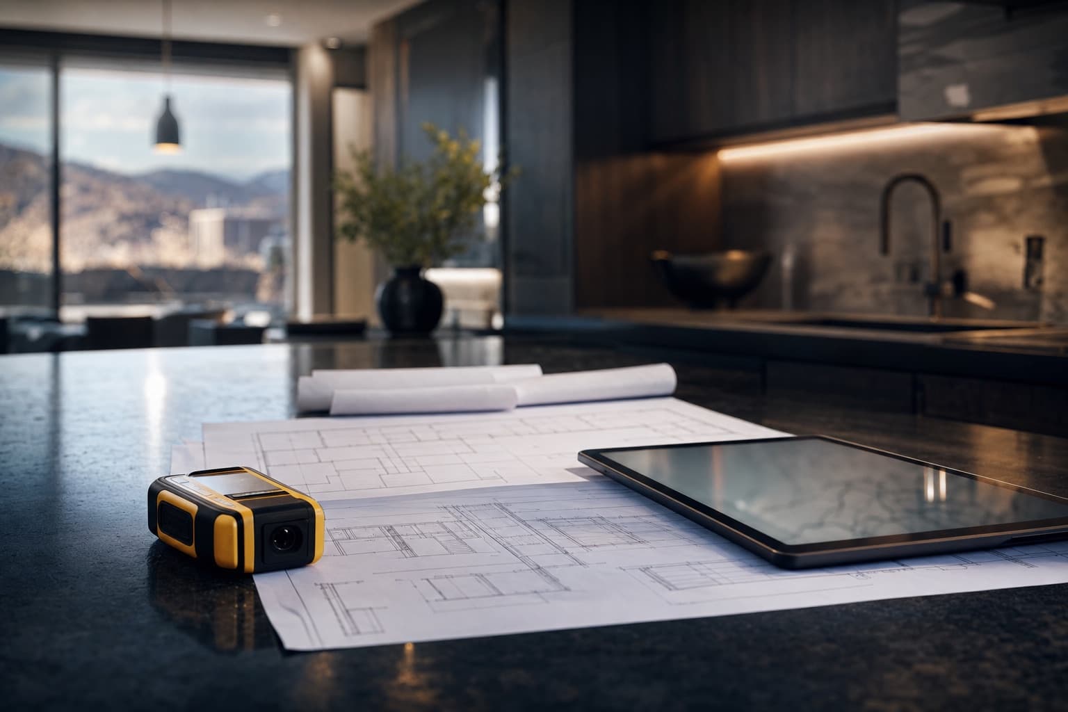 Project drawings and documentation on a counter