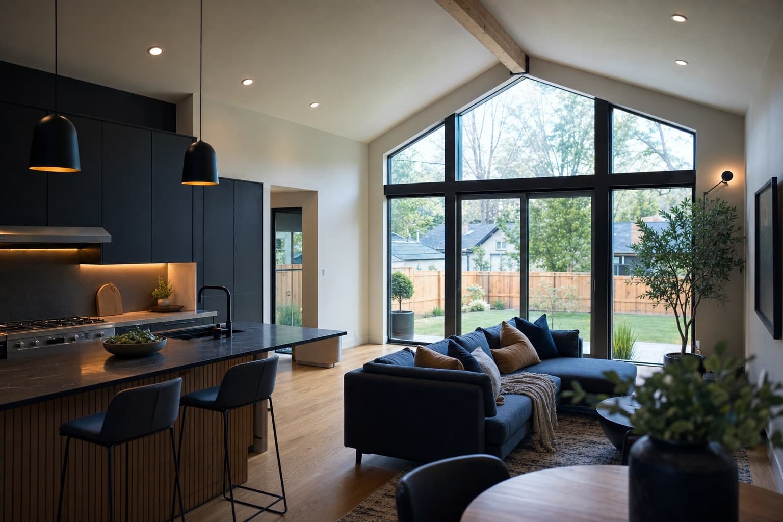 Bright finished ADU interior with vaulted ceiling