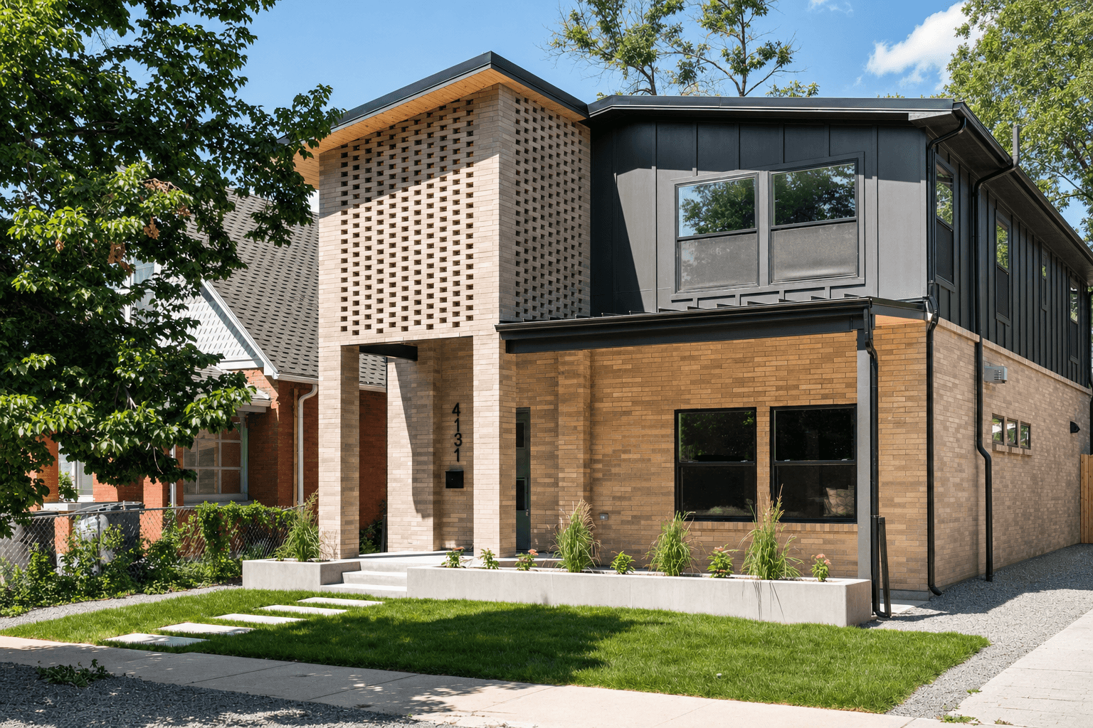 Front elevation — brick screen tower and board-and-batten upper — Sunnyside modular