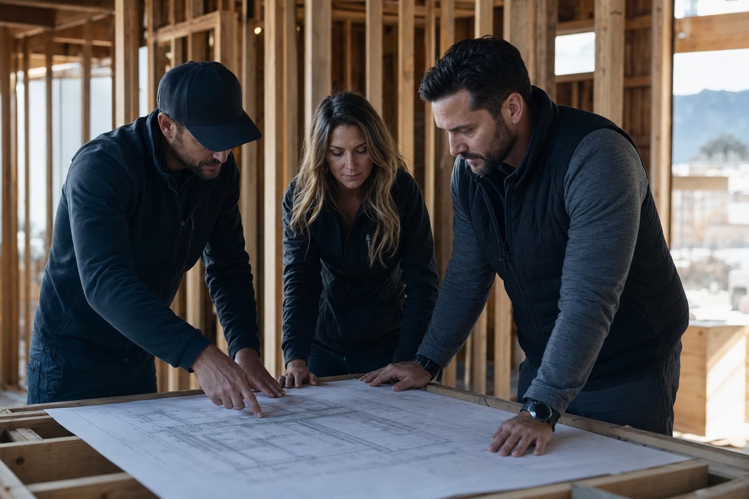 Denver design-build team reviewing drawings on a framed jobsite