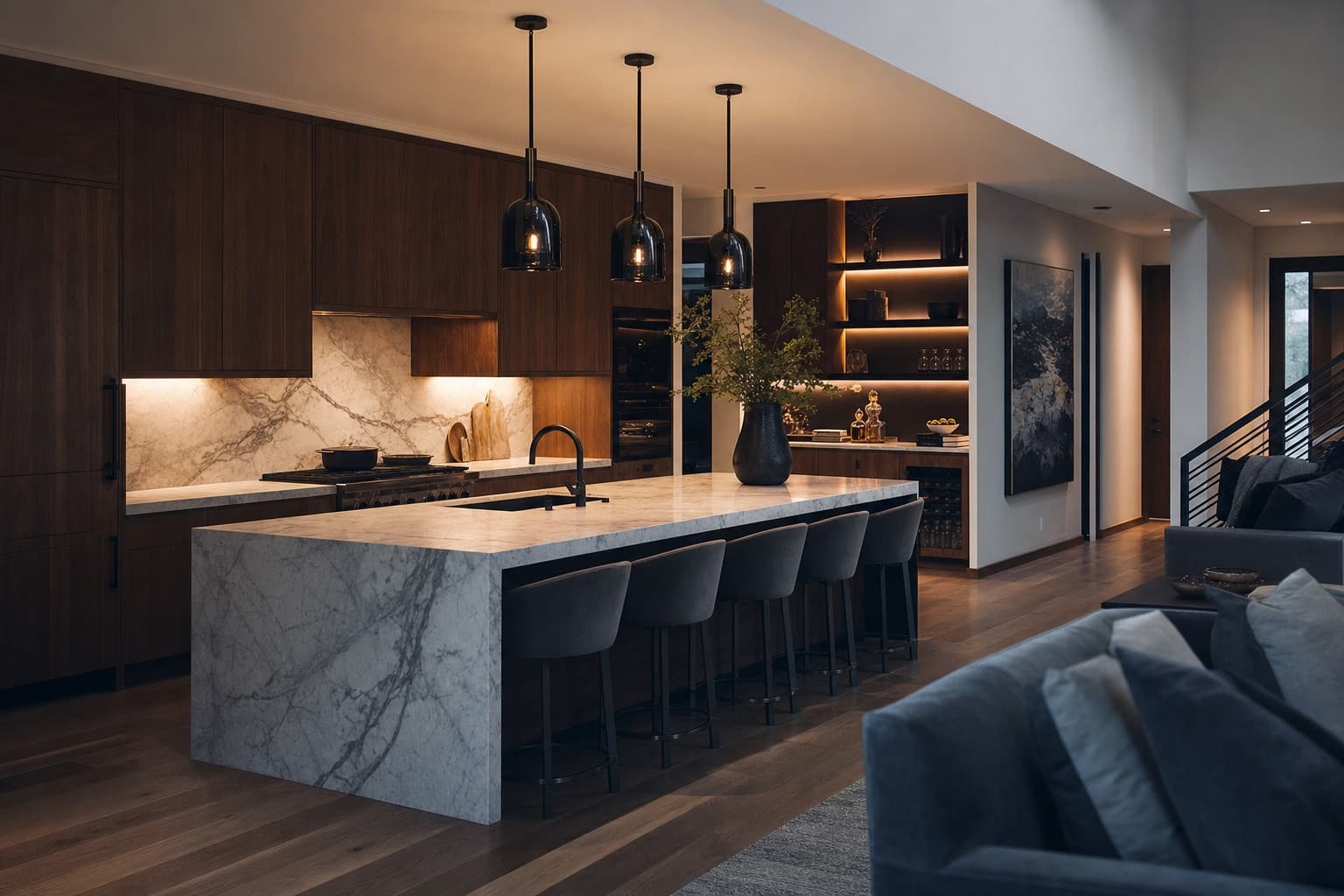 Finished modern kitchen with marble island and walnut cabinetry
