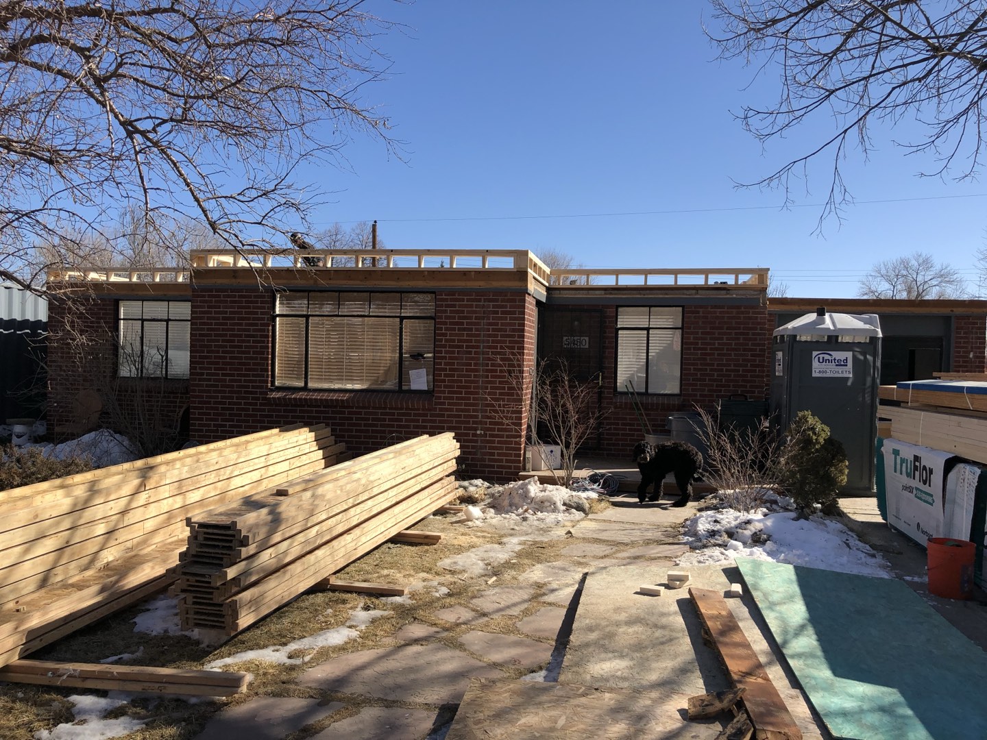 Brick Arvada ranch with lumber package staged and new framing underway