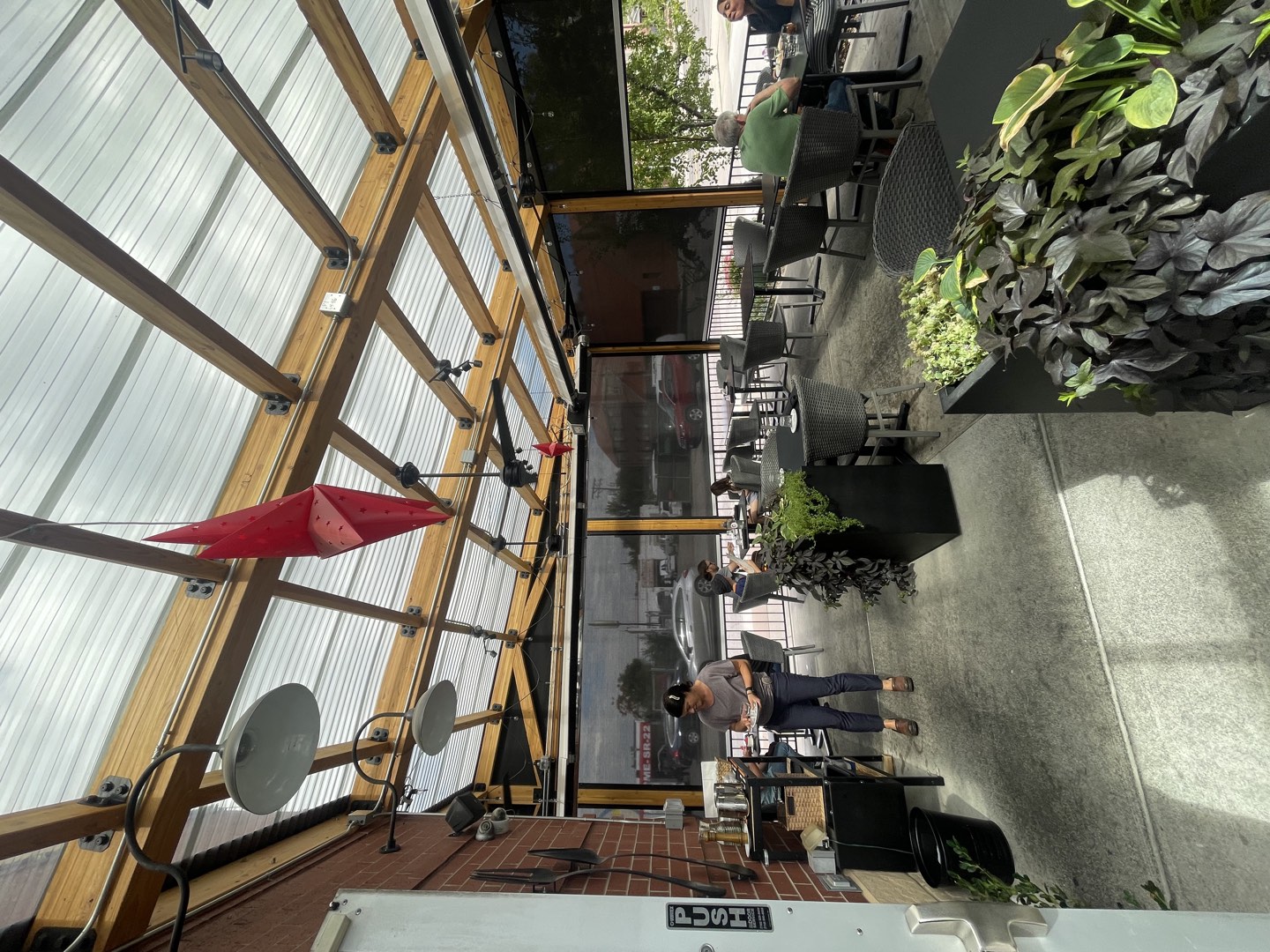 Patio pergola under construction, viewed from the dining side