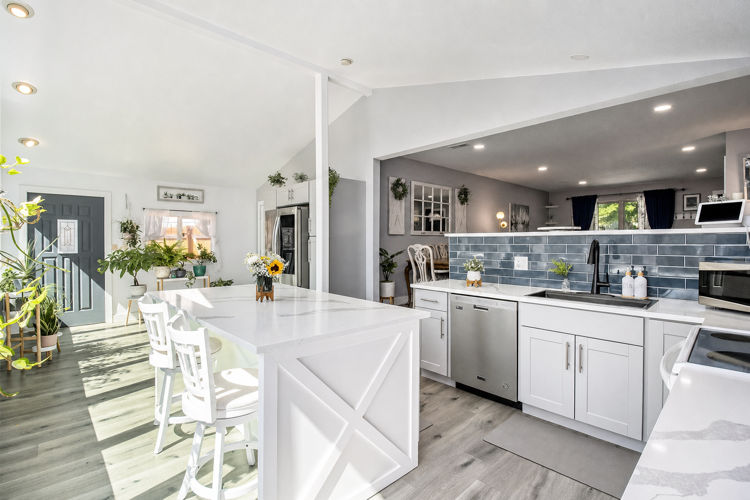 Kitchen run with blue tile backsplash