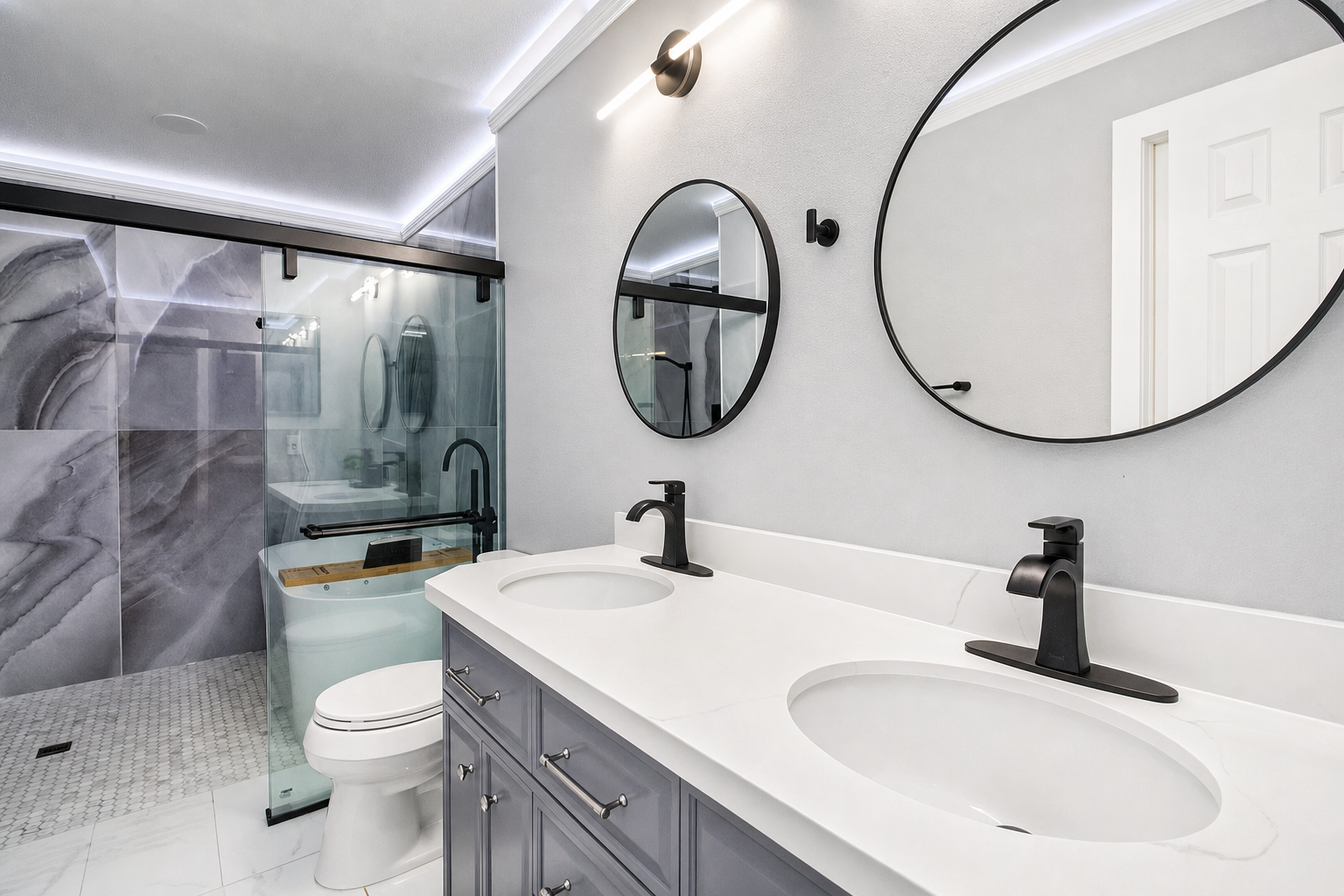 Master bath wet room — glass enclosure with marble shower