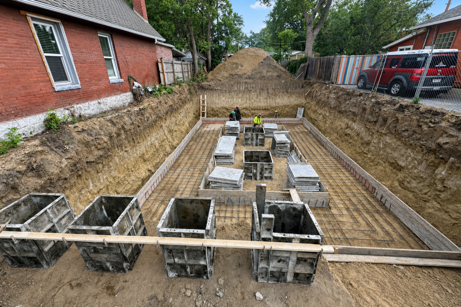 Urban infill excavation between brick neighbors