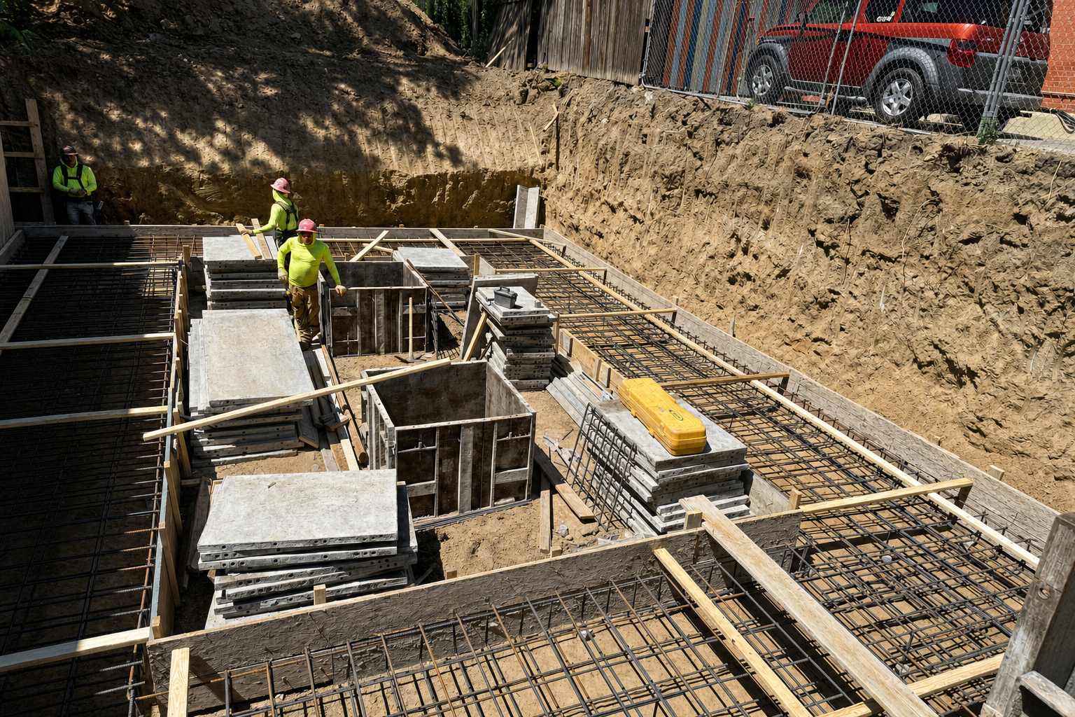 Crew tying rebar in the foundation forms