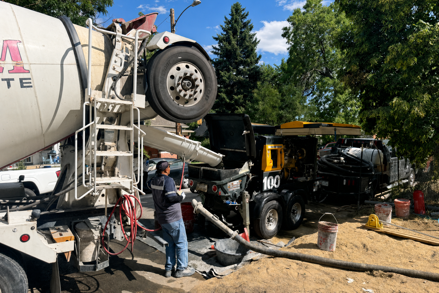 Pump and mixer pouring the foundation