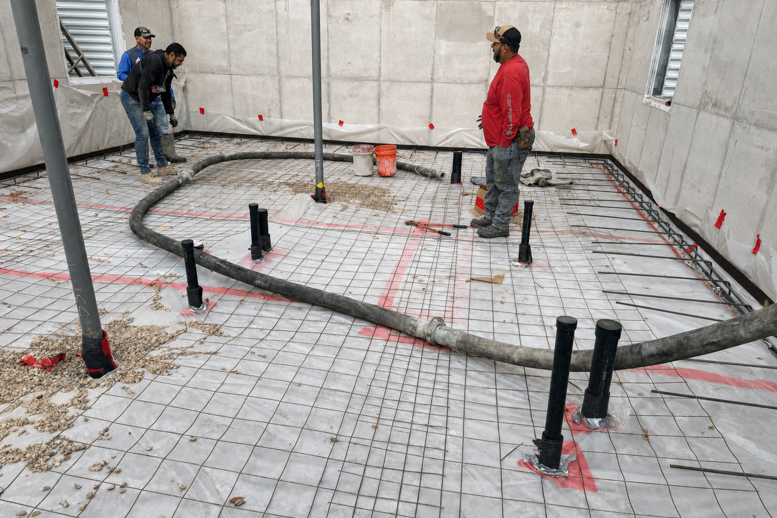 Radiant tubing laid out before the slab pour