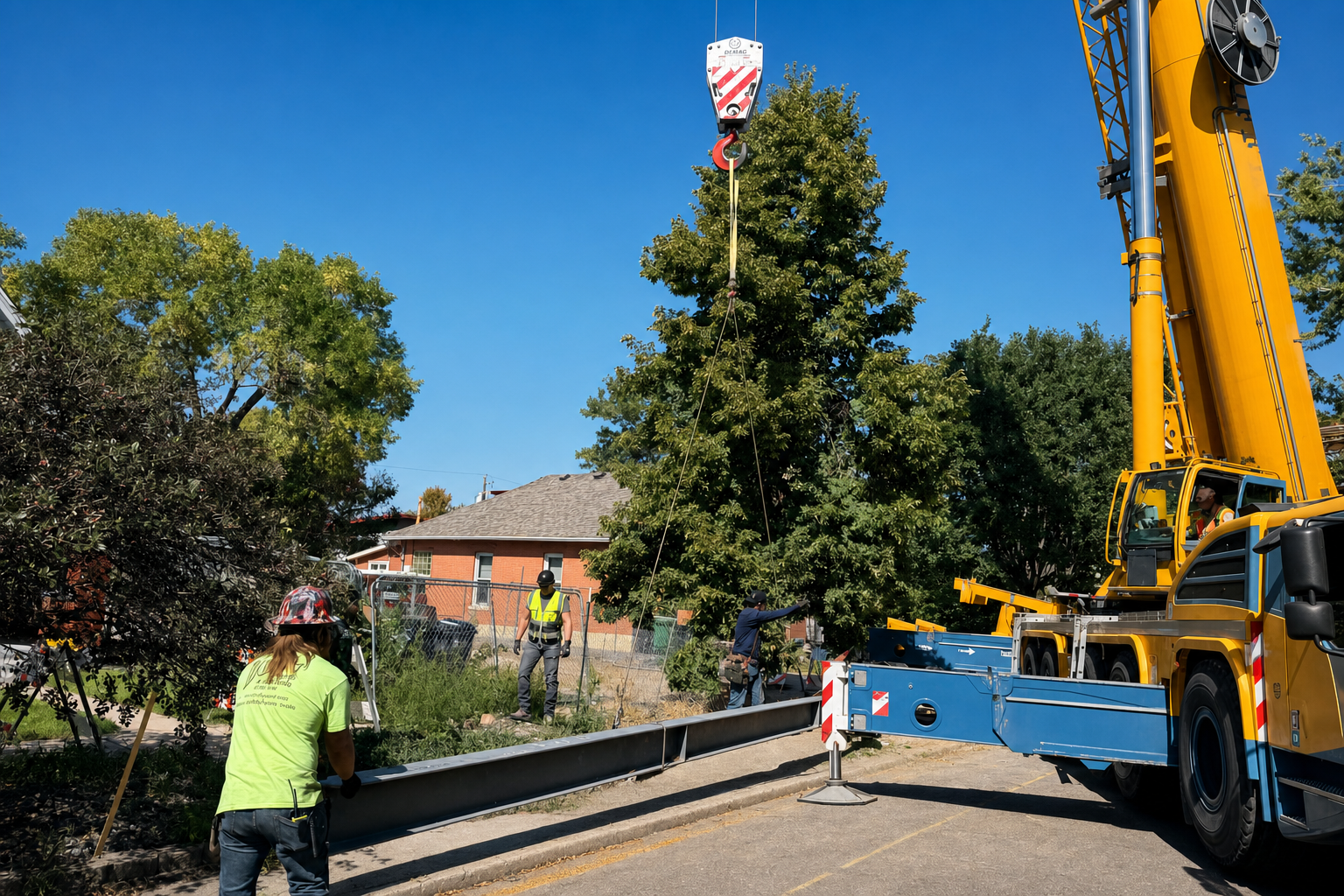 Crane setting the steel beam