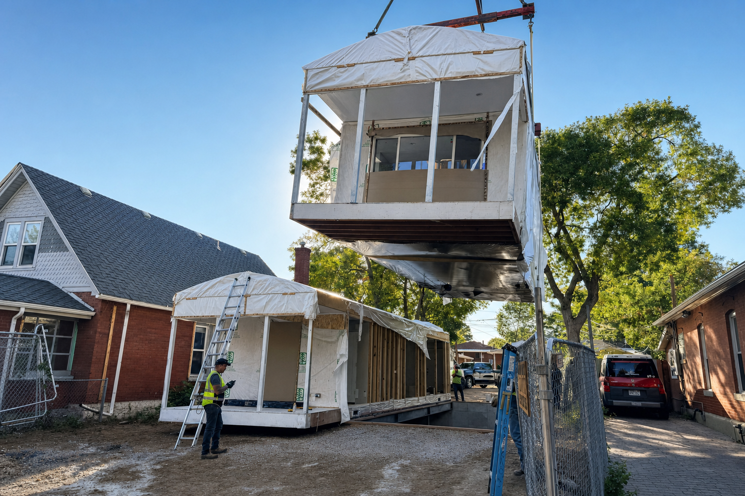 Set day — a module hanging from the crane